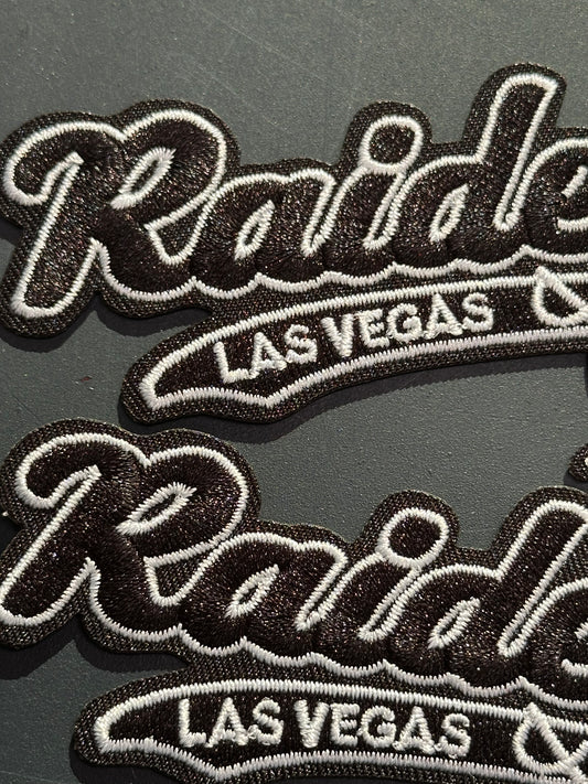 LAS VEGAS RAIDERS EMBROIDERED IRON ON PATCH/ SIZE APPROX 4" x 2"/ QUALITY MATERIAL/FABRIC PATCHES/FOOTBALL TEAM