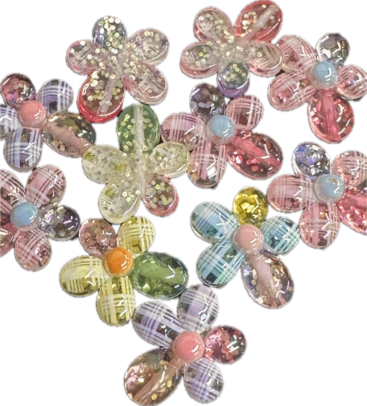 UV Shiny flower acrylic beads/ Flakes and glitter inside/ 31mm x 26mm