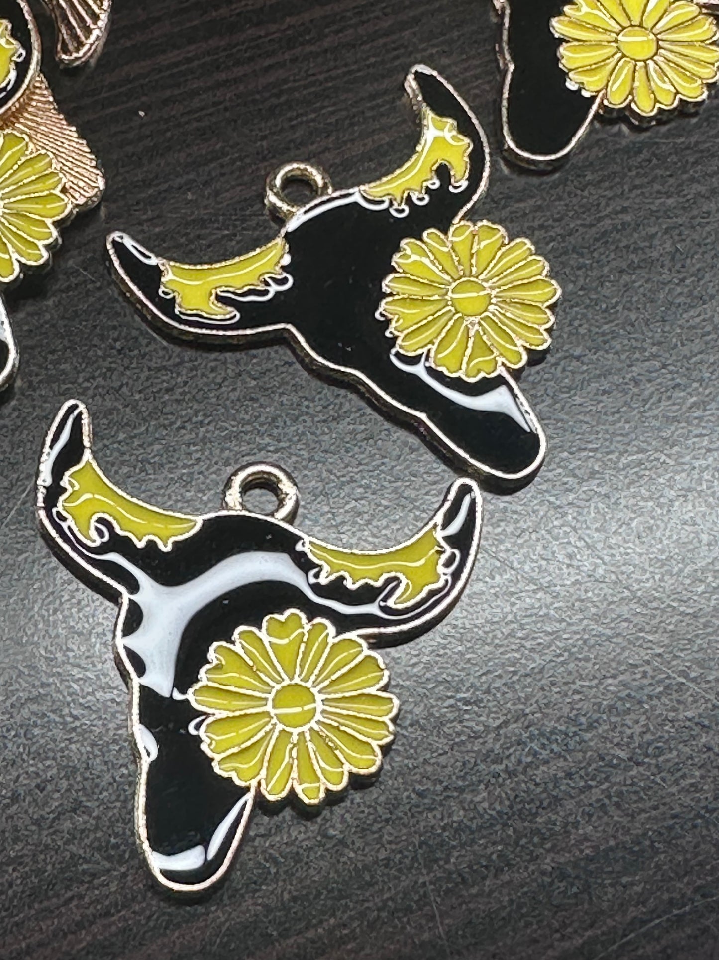 Steer head enamel metal charms/Black cow head with horns and yellow flower/ DIY charm bracelet/ DIY necklace