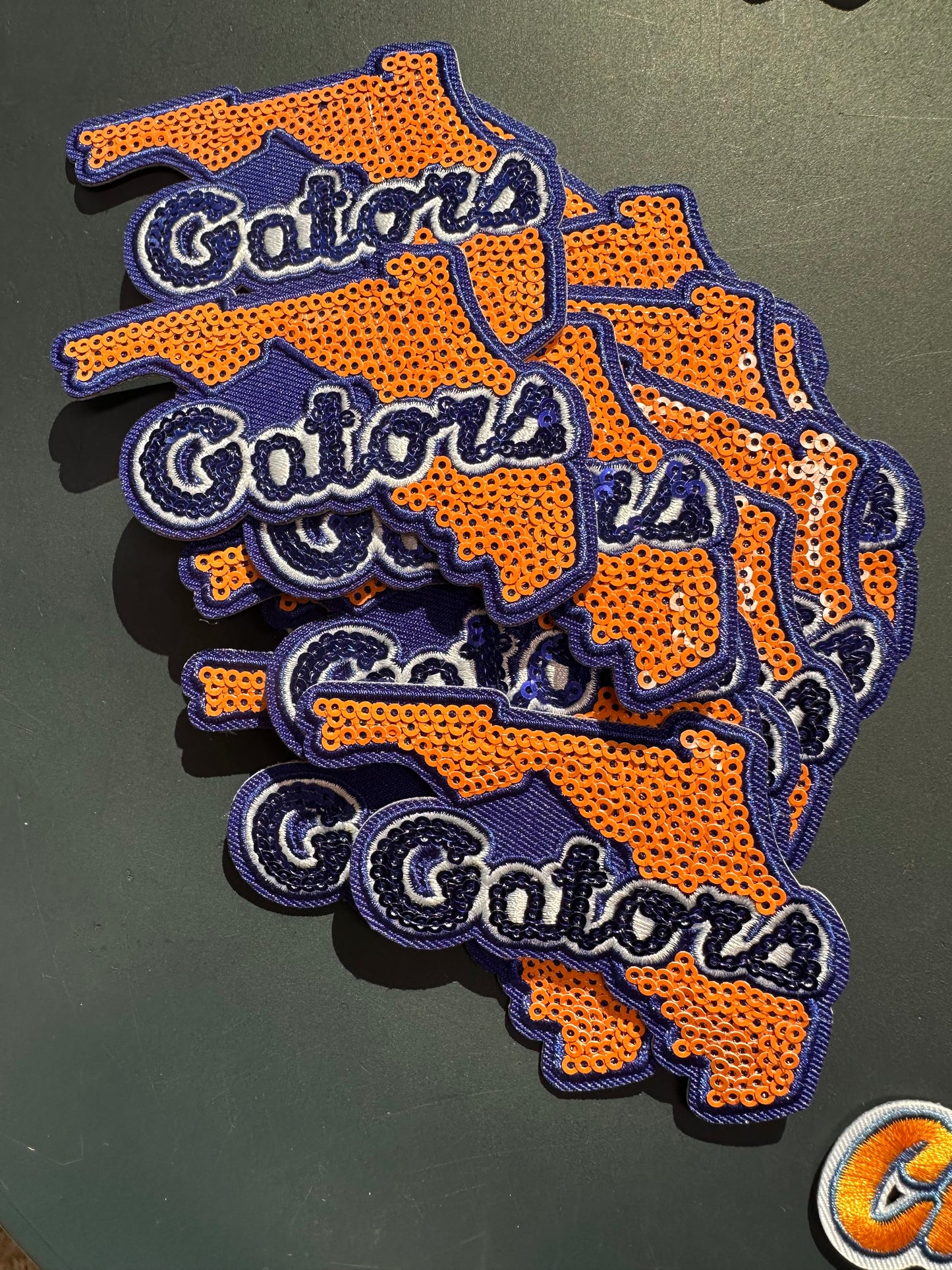 FLORIDA GATORS SEQUINED EMBROIDERED IRON ON PATCH/ SIZE APPROX 4" x 3"/ QUALITY MATERIAL/FABRIC PATCHES/FOOTBALL TEAM