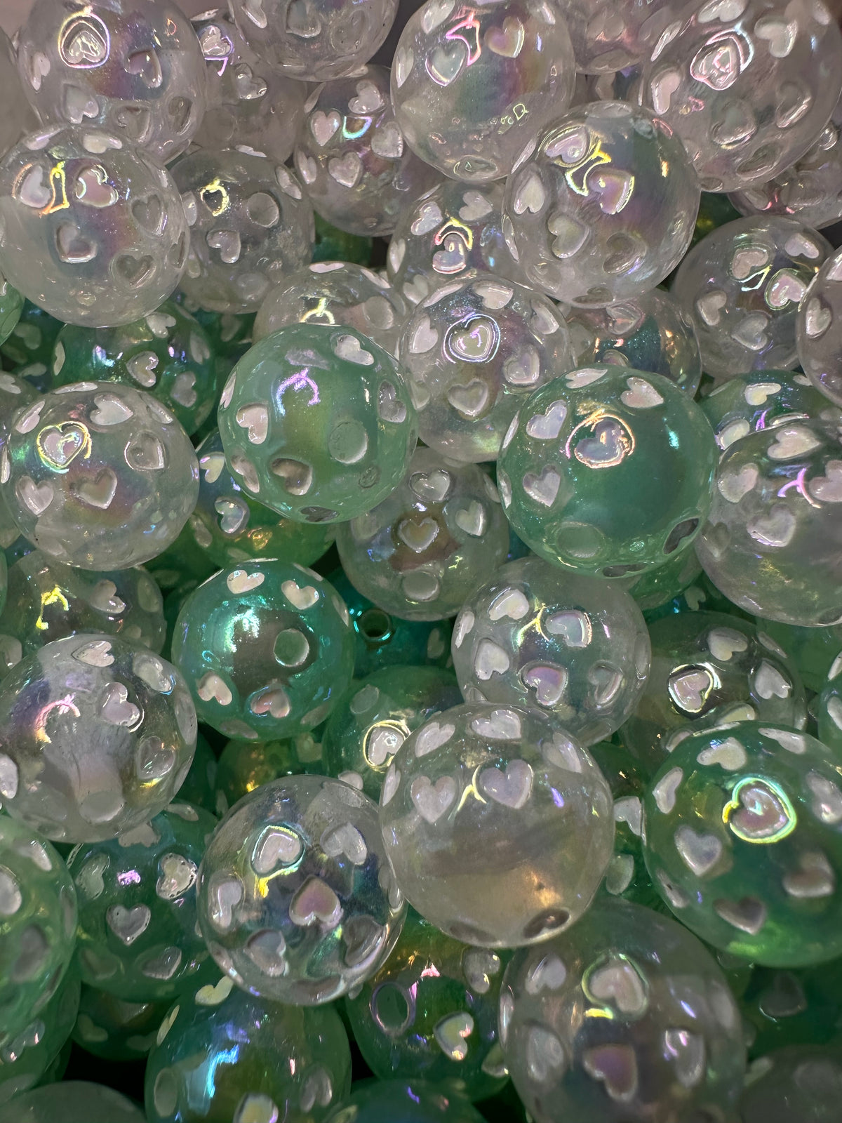 Very luminous heart engraved acrylic round beads/glow in the dark/Perfect for pen beading /green or white beads