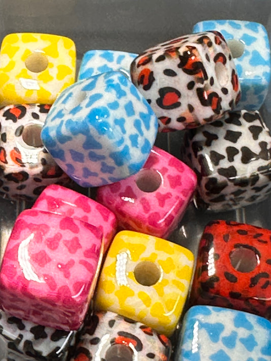 Ten (10) animal print cube shaped beads/ pen beading beads / keychain beads/ DIY/ 14mm/ acrylic/ assorted colors