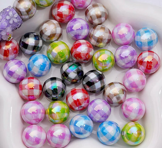Assorted color checkered pattern on white jelly beads/ Ten (10) acrylic assorted colors round shaped beads included/ jewelry Bead/ beadable pen beads/ keychain bead/ DIY/ shiny unique 16mm beads UV coated/
