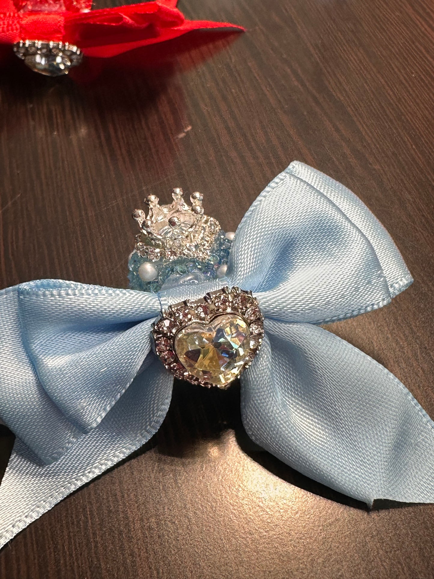 Large fancy rhinestones crown beads with satin bow