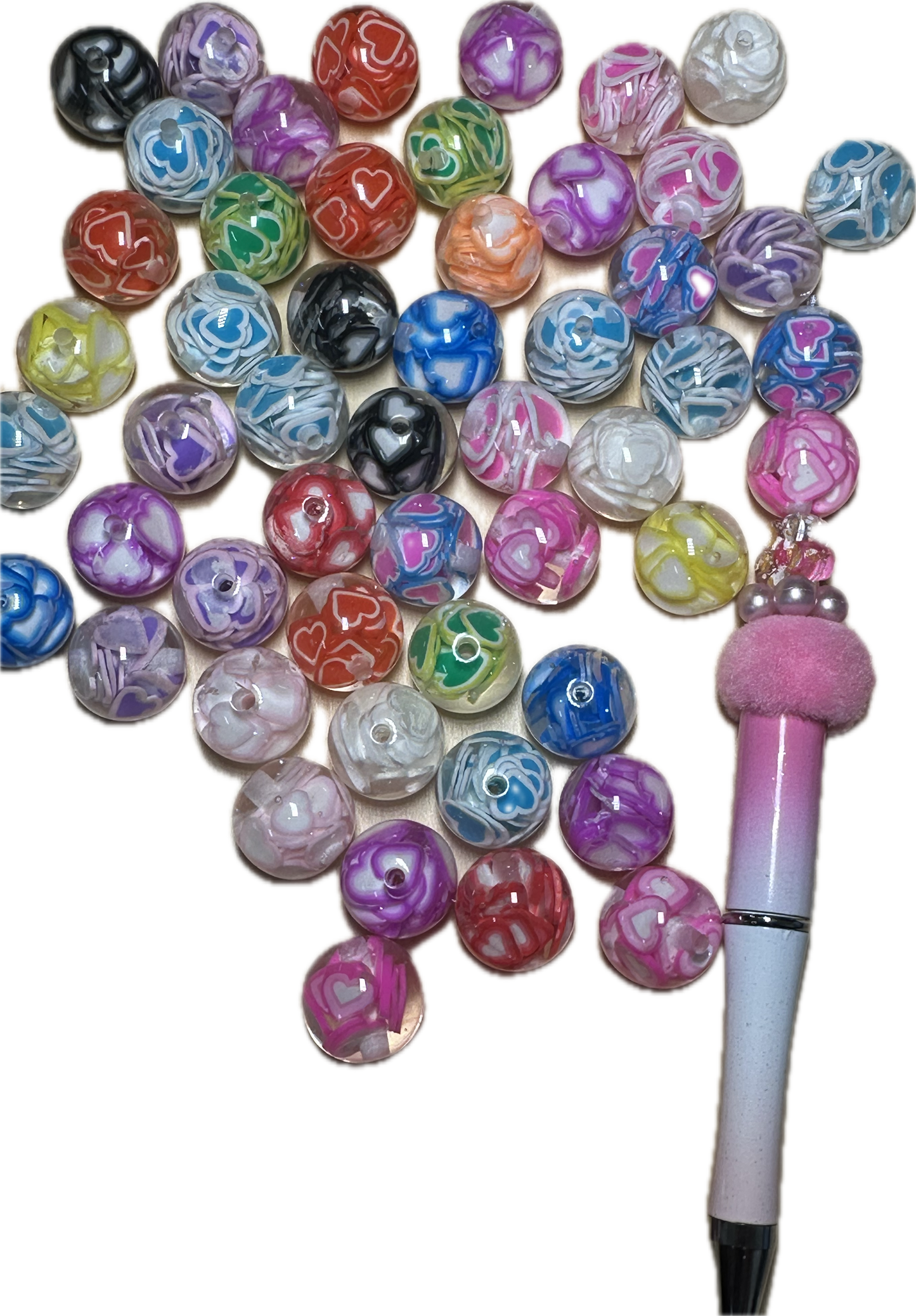 16mm resin beads with assorted color hearts inside/ set of ten (10) 16mm beads/ infused beads/ pen beading beads/ beautiful / keychain beads/ DIY