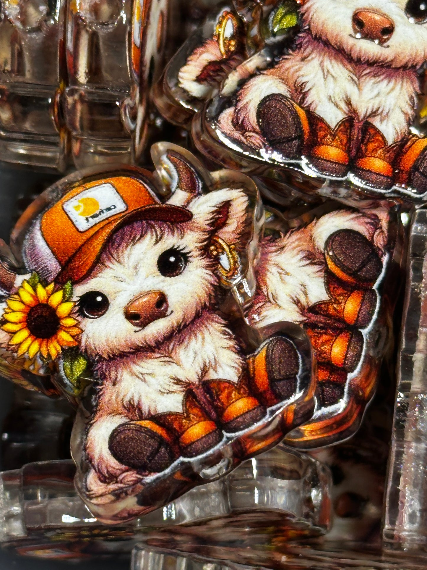 Cute cow with truckers hat and sunflower acrylic focal bead- set of 2/ focal bead/ pen beading / keychain bead/