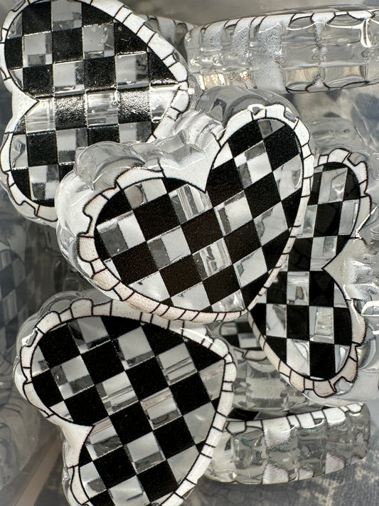 Checkered heart acrylic focal bead- set of 2/ focal bead/ pen beading / keychain bead/