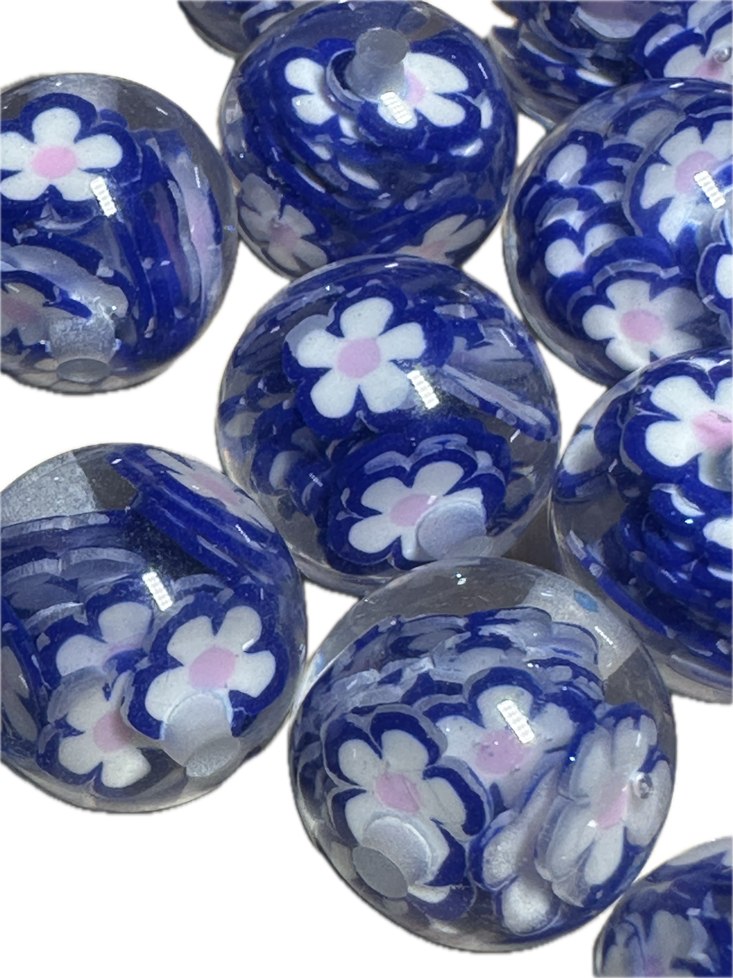 20mm resin beads with blue and white colored flowers inside/ set of five (5) 20mm beads/ infused beads/ pen beading beads/ beautiful / keychain beads/ DIY