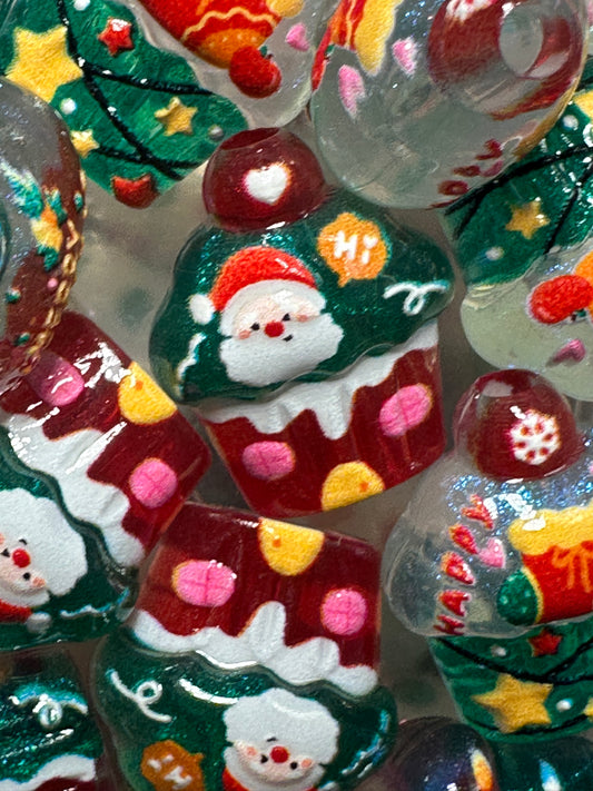 Christmas Cupcake Shaped  Acrylic Beads • 16MM Beads • Pen Beads • Beadable Pen Supplies • DIY Craft Beads • Random Mix – Set of 10