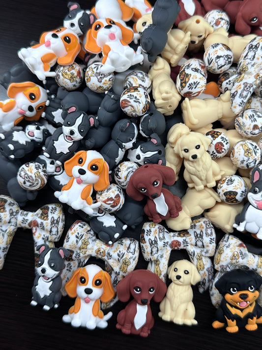3D Dog silicone focal beads Golden Retriever, Pit Bull, Beagle, Rottweiler, Coon Hound, Frenchie - matching hoop and round beads