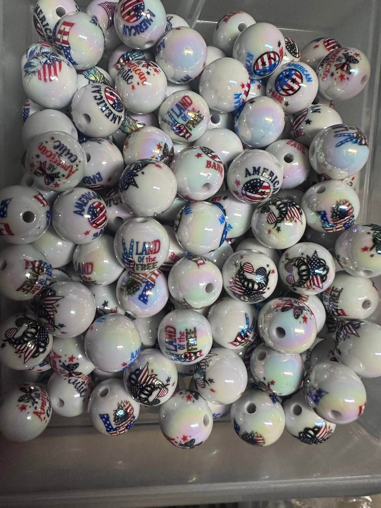 Acrylic white beads with USA themes on them included/ Bead/ beadable pen/ keychain bead/ Patriotic beads/ Ten (10) beads/16mm