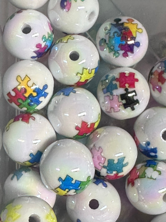 Acrylic white beads with colorful puzzle pieces on them included/ Bead/ beadable pen/ keychain bead/ Autism awareness / Ten (10) beads-16mm