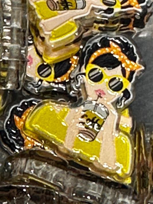 Fashion Lady with drink acrylic focal bead- set of 2/ focal bead/ pen beading / keychain bead/ Yellow dress