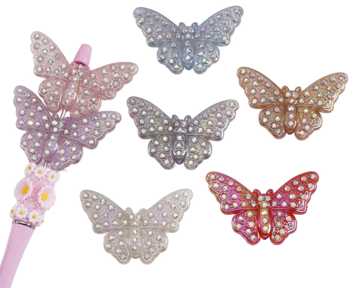 Large fancy butterflies with sparkly rhinestones- set of 3/double sided/ beadable pen/ keychain beads/ acrylic beads/ UV coated/ 38mmx56mm