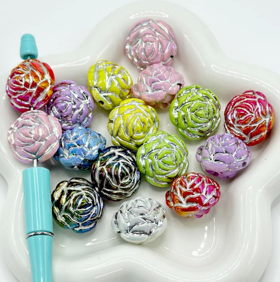 Five (5) Acrylic flower bead included/fancy Bead/ beadable pen/ keychain bead/ pastel beads/assorted colors/23+mm