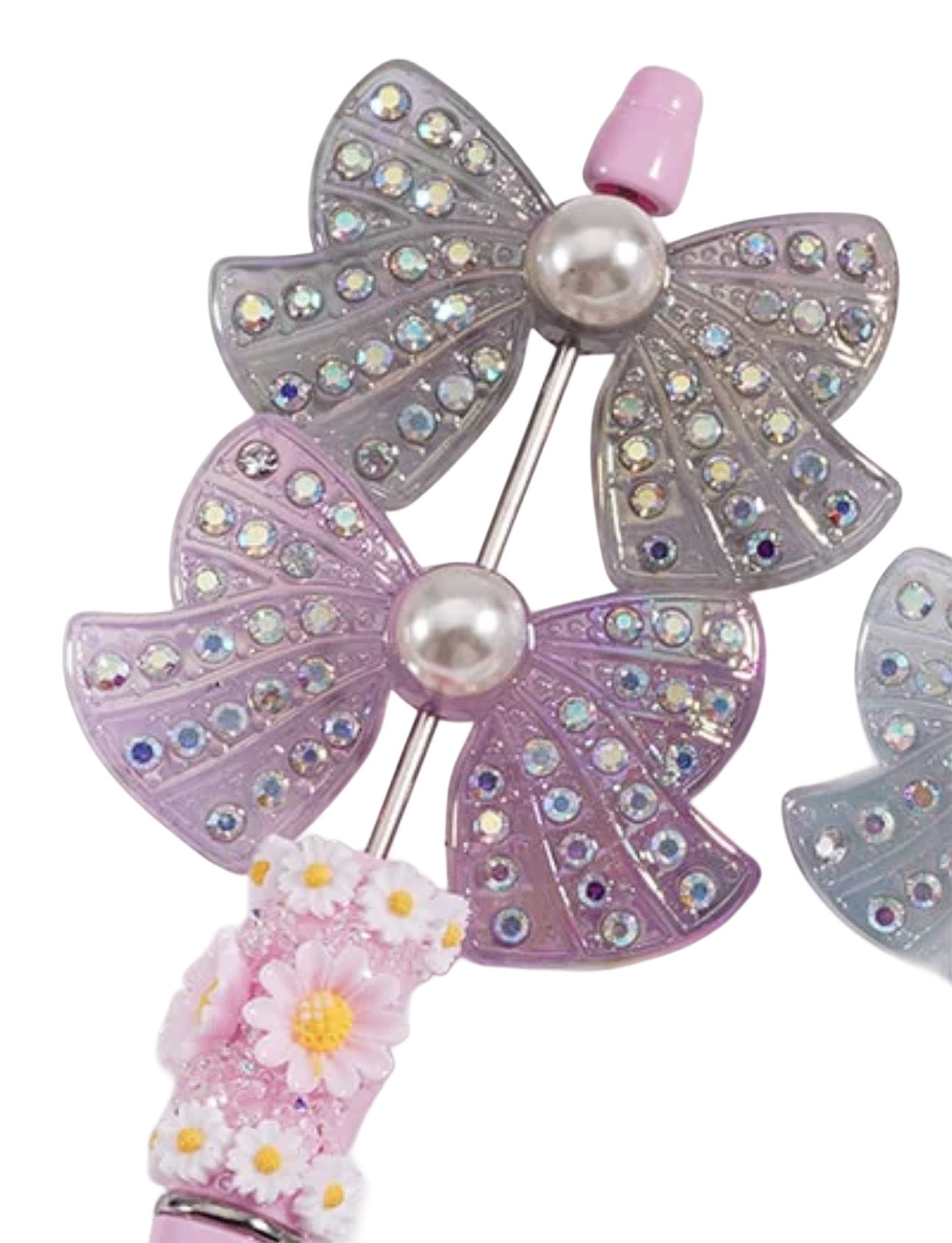 Large fancy bowknots with rhinestones and pearls- set of 3/ same on both sides/ beadable pen/ keychain bead/bow beads/UV coated/ 33mmx55mm STYLE 2