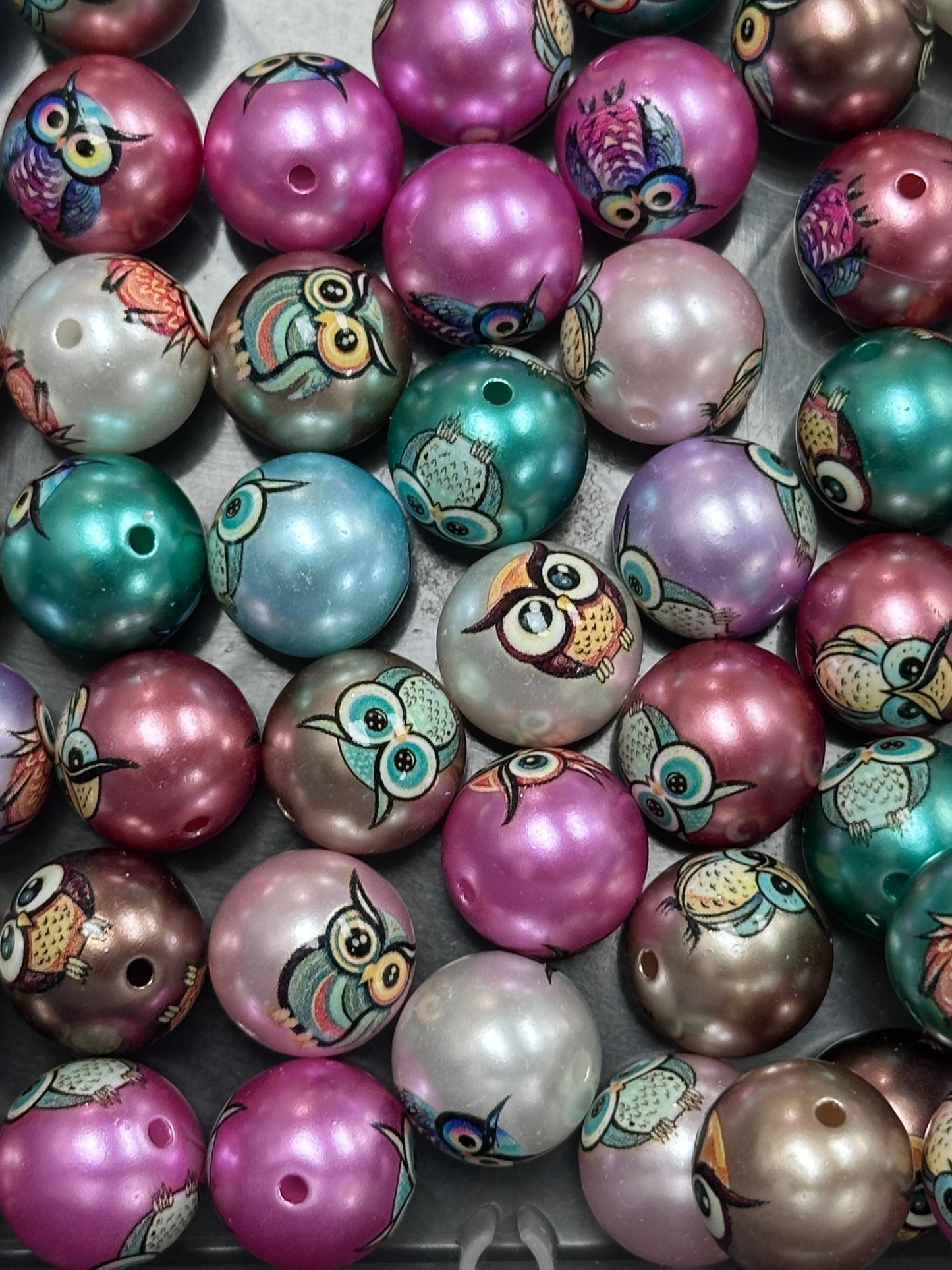 Ten (10) satin colorful owl beads/ round shaped beads/ pen beading beads / keychain beads/ DIY/ 16mm/