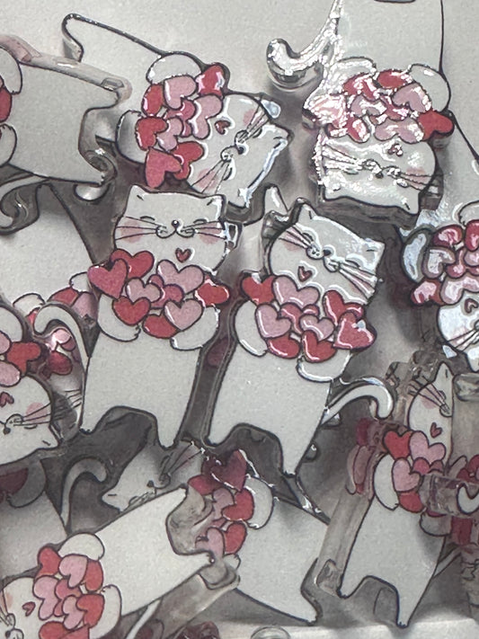 White cat holding hearts acrylic focal bead- set of 2/ focal bead/ pen beading / keychain bead