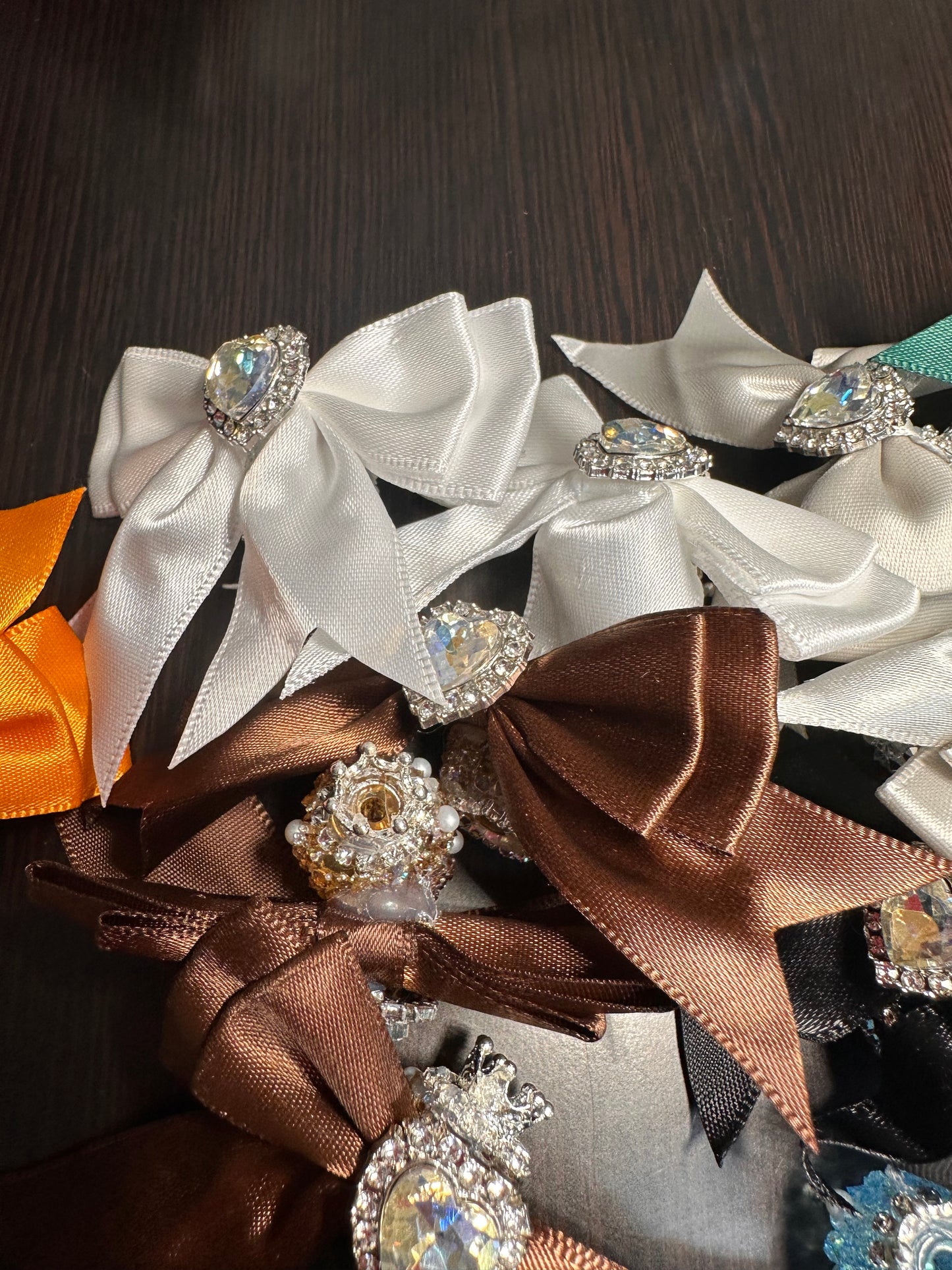 Large fancy rhinestones crown beads with satin bow
