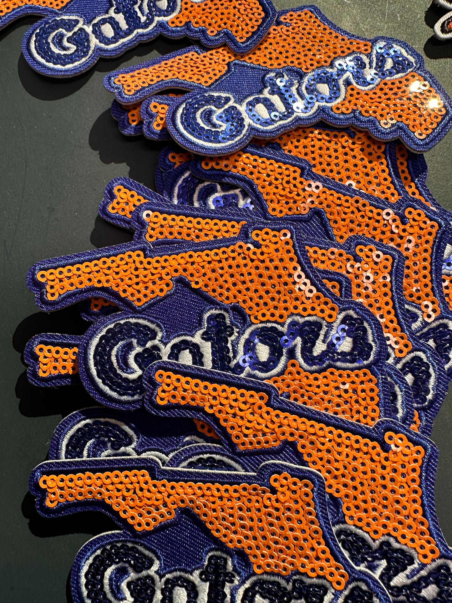 FLORIDA GATORS SEQUINED EMBROIDERED IRON ON PATCH/ SIZE APPROX 4" x 3"/ QUALITY MATERIAL/FABRIC PATCHES/FOOTBALL TEAM