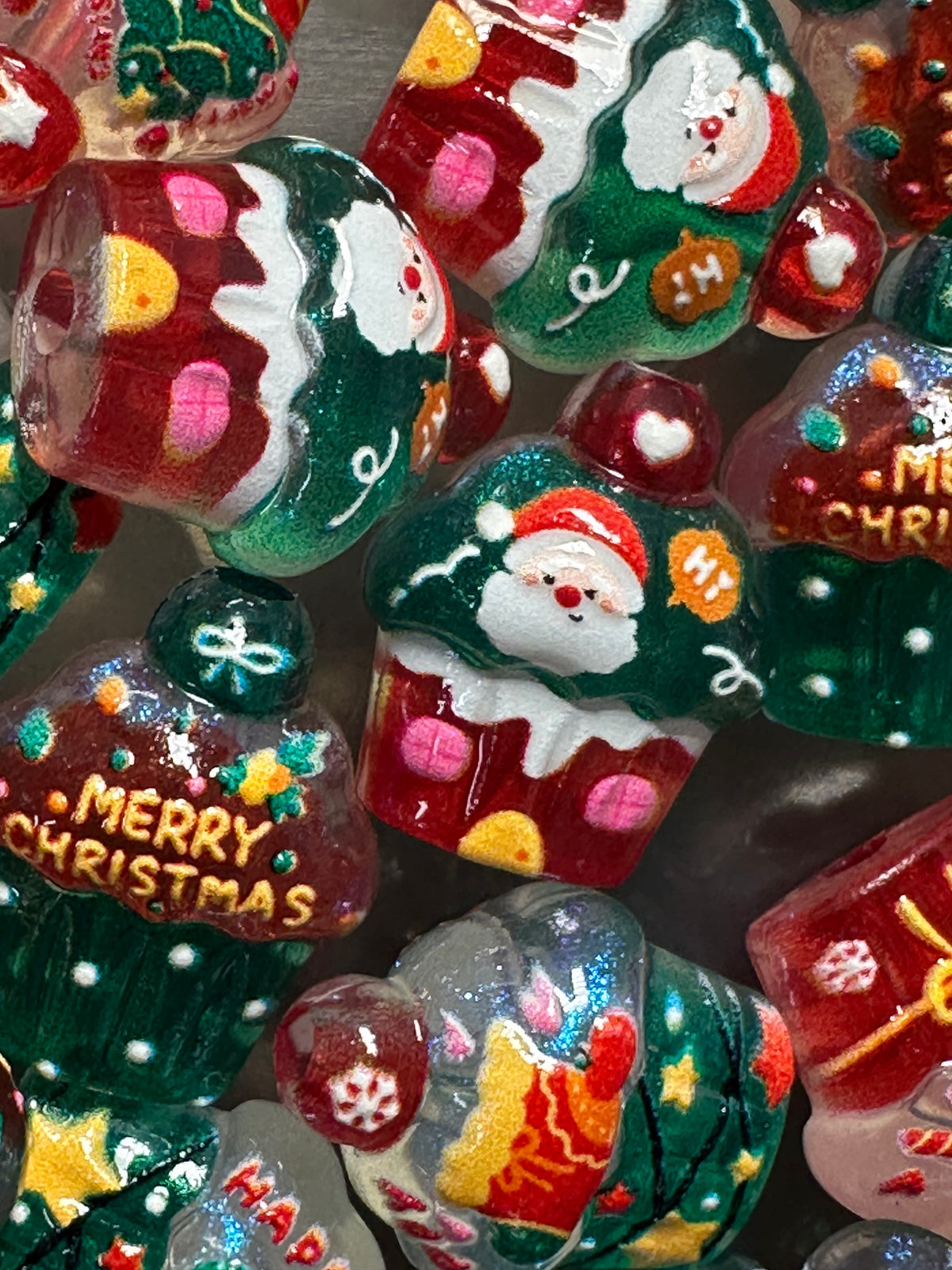 Christmas Cupcake Shaped  Acrylic Beads • 16MM Beads • Pen Beads • Beadable Pen Supplies • DIY Craft Beads • Random Mix – Set of 10