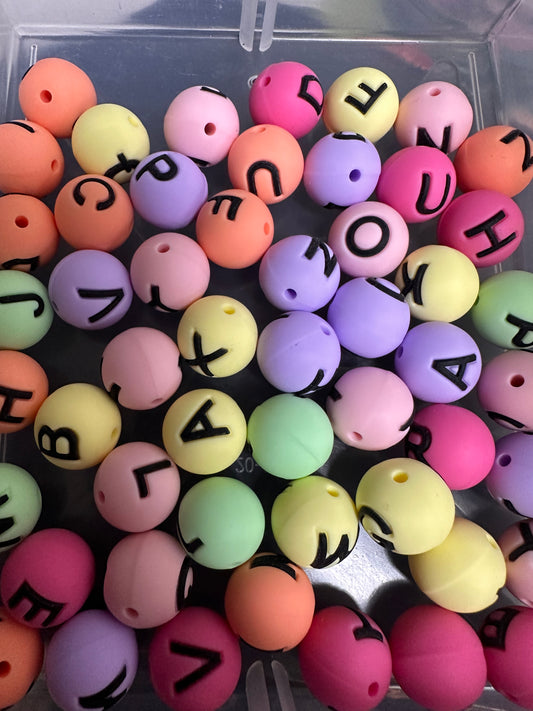 Multi color alphabet letter set silicone round beads/ 26 beads included/15 mm/ pen/ keychain beads/ hole top to bottom/ hard to find beadperfect for beadable pens and keychain DIY/