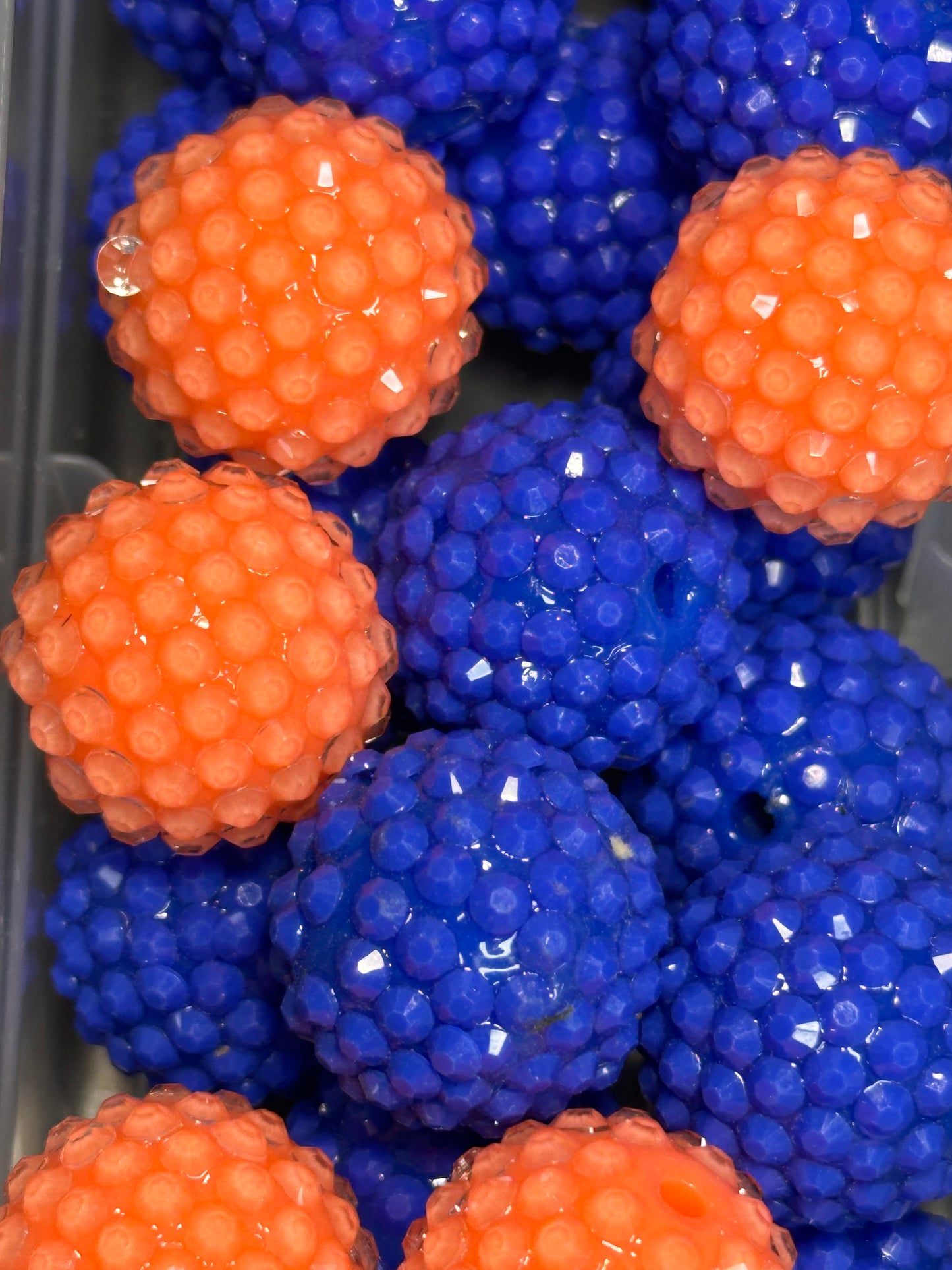Rhinestone Bead/Set of ten beads-Five beads each color included/ perfect to go with Florida Gators and University of Auburn /fits beadable pen/ Fancy bead/ keychain bead/ dark blue and orange/ 20mm