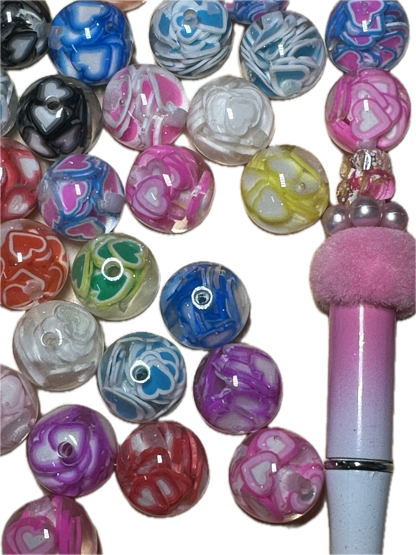16mm resin beads with assorted color hearts inside/ set of ten (10) 16mm beads/ infused beads/ pen beading beads/ beautiful / keychain beads/ DIY