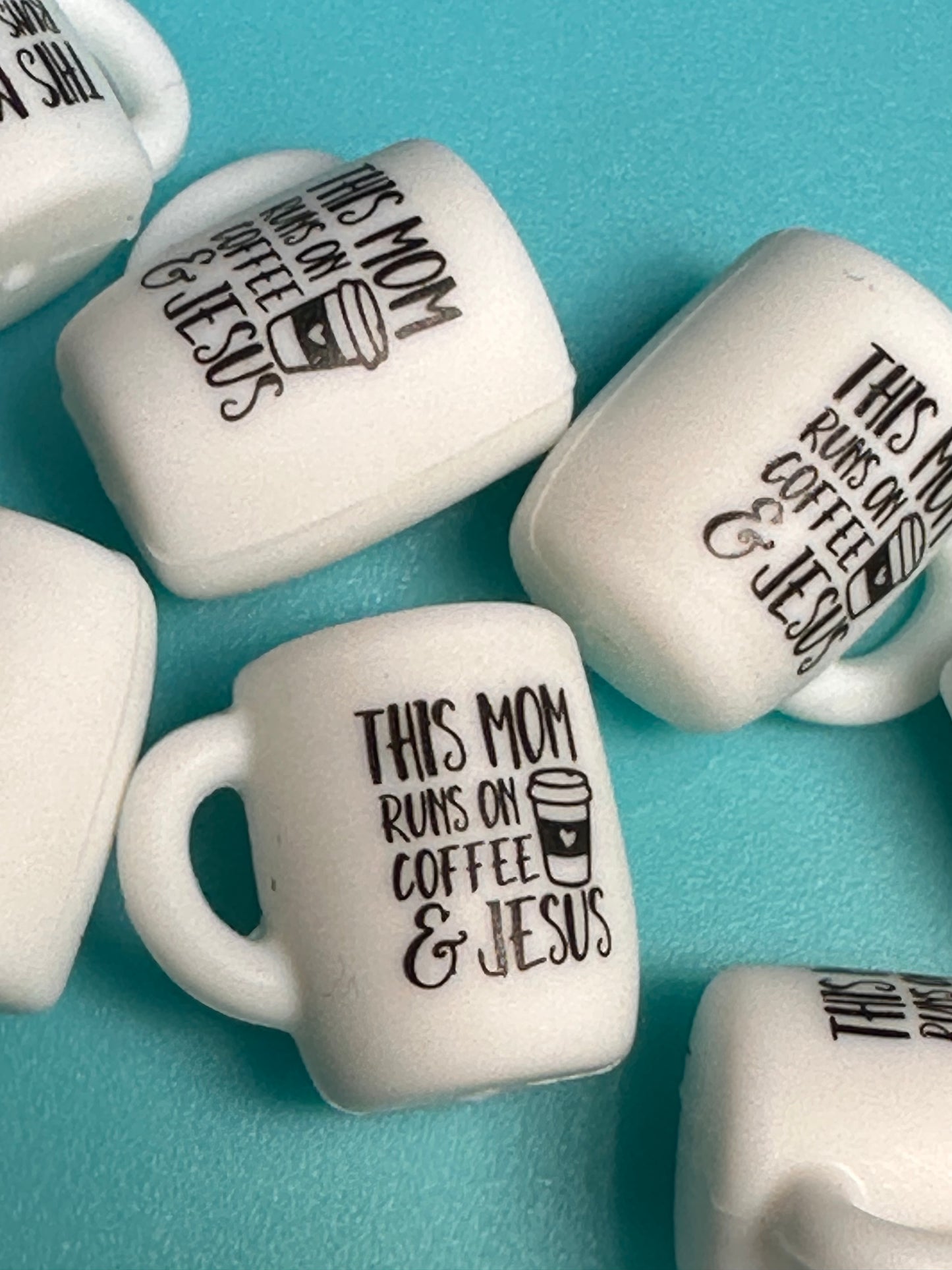 3D Mug/ This Mom runs on coffee and Jesus/ mama Focal Bead/ for beadable pen/ Silicone  bead/keychain bead/ Mothers Day/