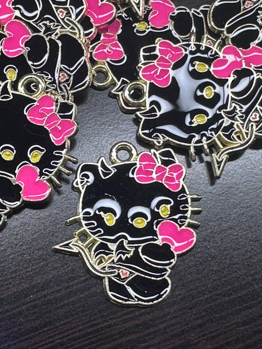 Black kitty with pink bow enamel metal charms// DIY charm bracelet/ DIY necklace