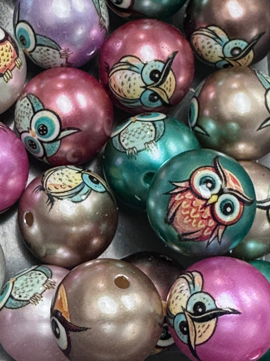 Ten (10) satin colorful owl beads/ round shaped beads/ pen beading beads / keychain beads/ DIY/ 16mm/