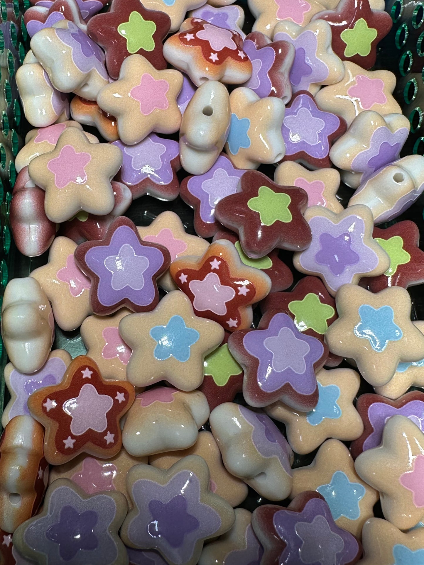 Star shaped painted beads - set of ten (10) / beadable pen/ keychain bead/assorted colors