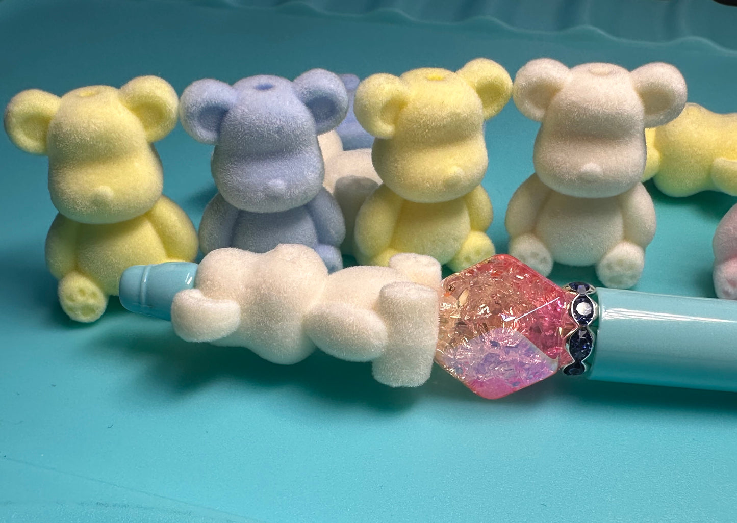 Flocked bears/Focal Bead/ beadable pen/ fuzzy bear bead/ keychain bead