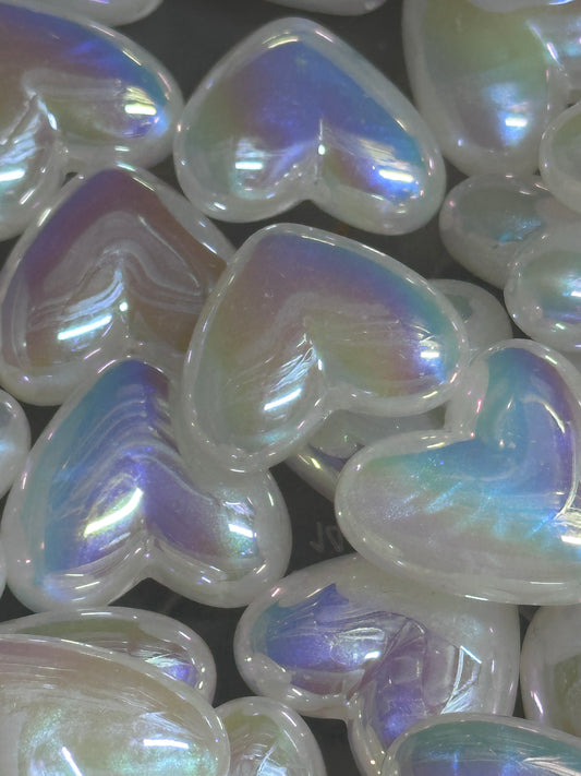 Iridescent white heart beads/ Five (5) acrylic heart shaped beads included/ jewelry Bead/ beadable pen beads/ keychain bead/ DIY