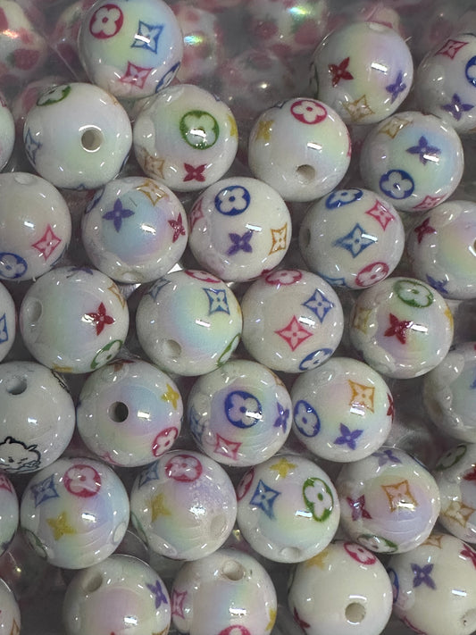 Designs on white jelly beads/ Ten (10) acrylic assorted colors pattern round shaped beads included/ jewelry Bead/ beadable pen beads/ keychain bead/ DIY/ shiny unique 16mm beads UV coated/