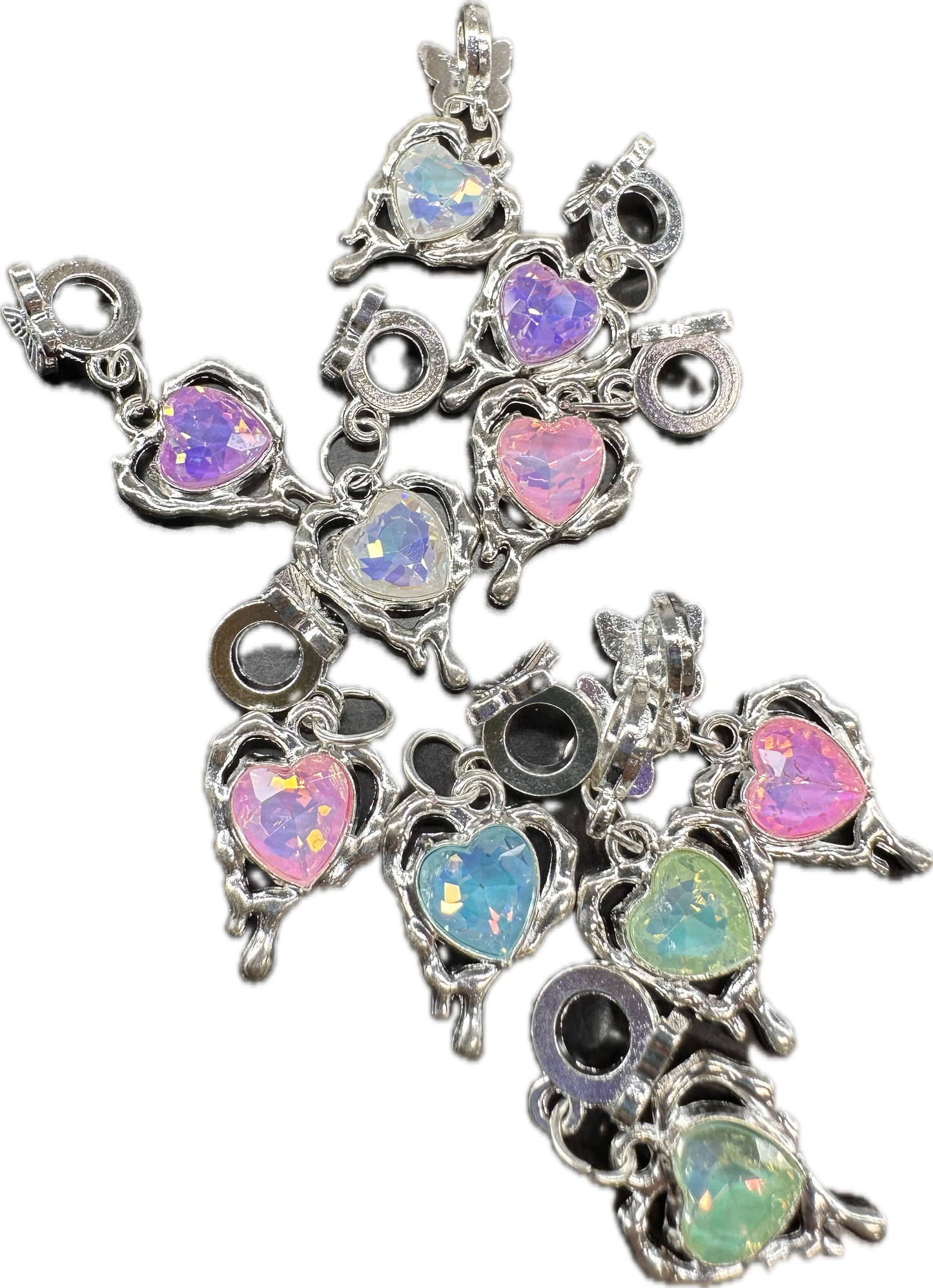 Iridescent Heart Gem Charms with Butterfly Bail – Silver Pendant Beads for Beadable Pens, Bracelets & Keychains (Sold in 1 or Set of 5)