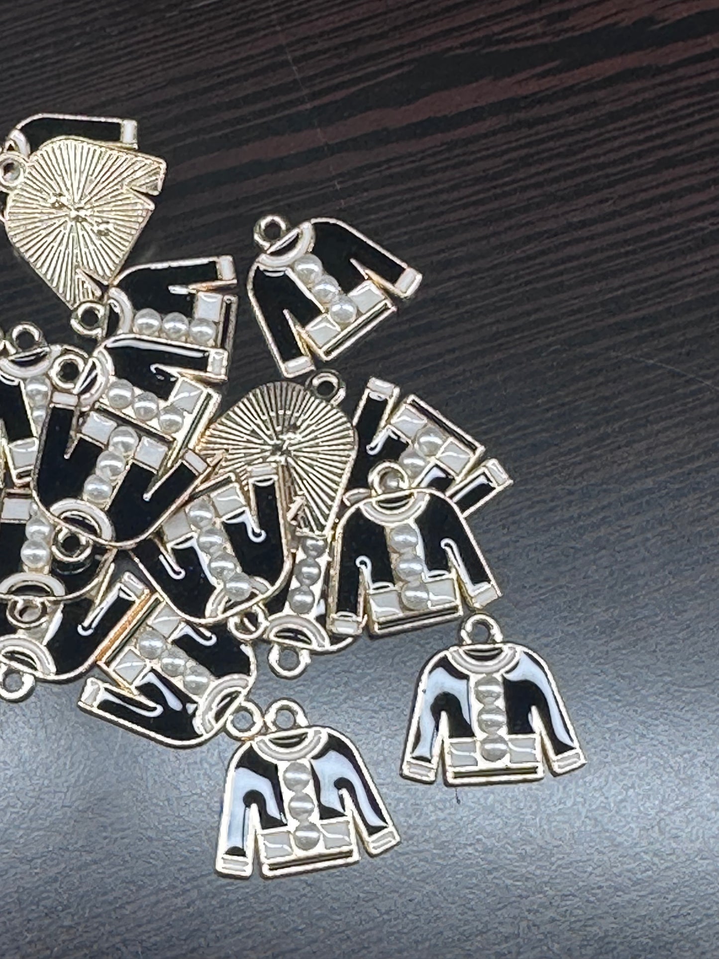 Black Sweater with Pearl accents enamel metal charms// DIY charm bracelet/ DIY necklace