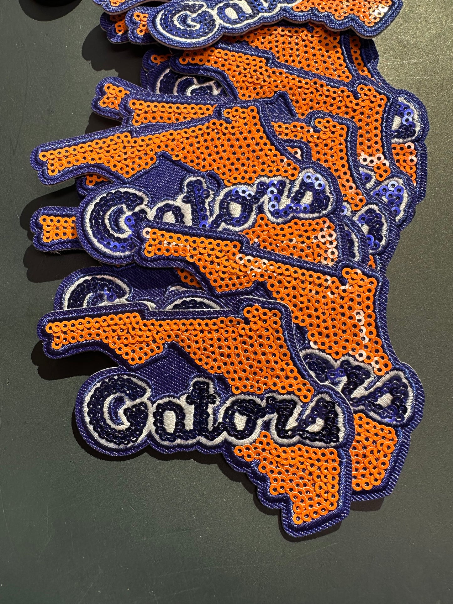 FLORIDA GATORS SEQUINED EMBROIDERED IRON ON PATCH/ SIZE APPROX 4" x 3"/ QUALITY MATERIAL/FABRIC PATCHES/FOOTBALL TEAM