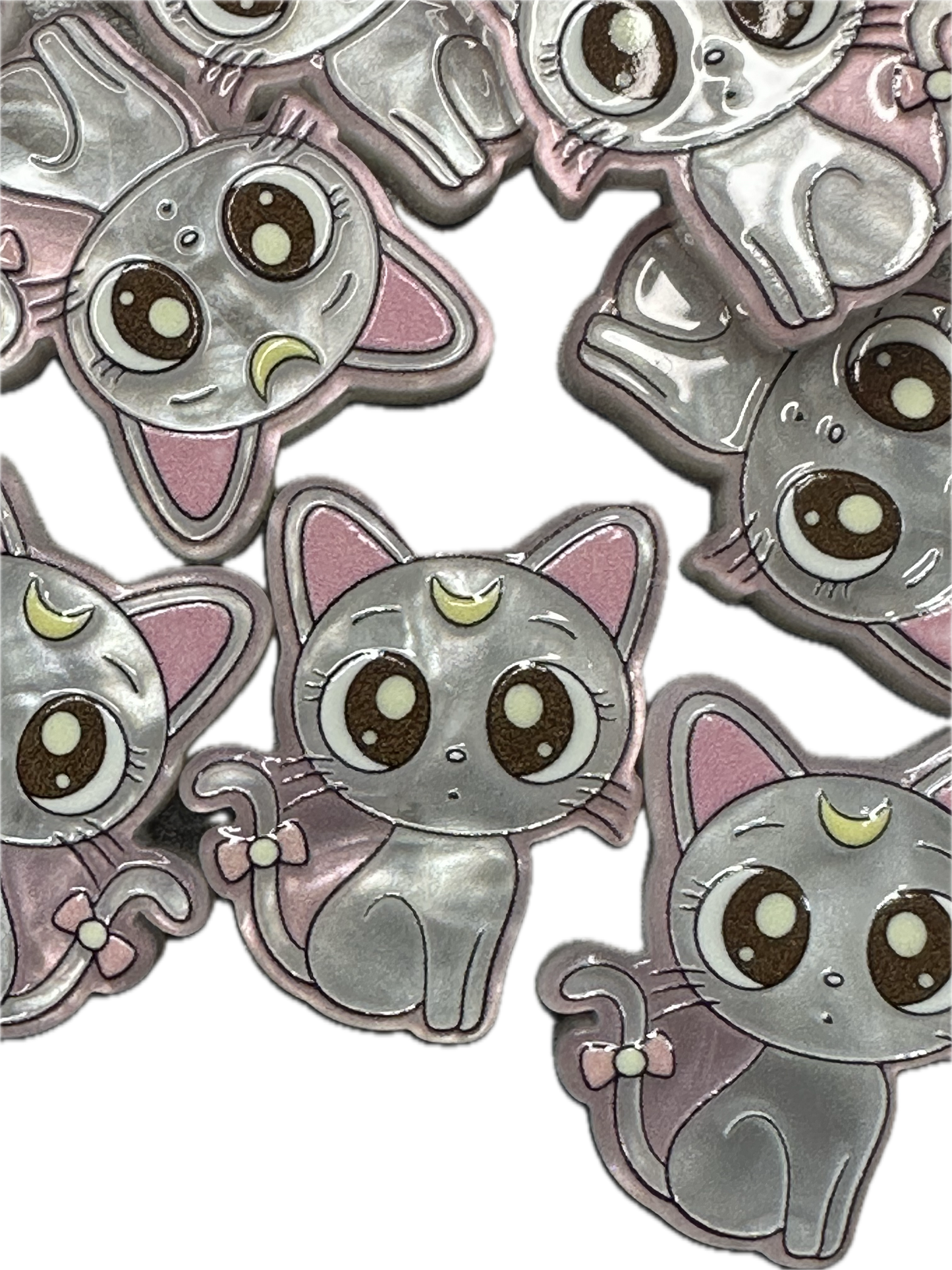 Grey cat with moon  kitty cat acrylic focal bead- set of 2/ focal bead/ pen beading / keychain bead