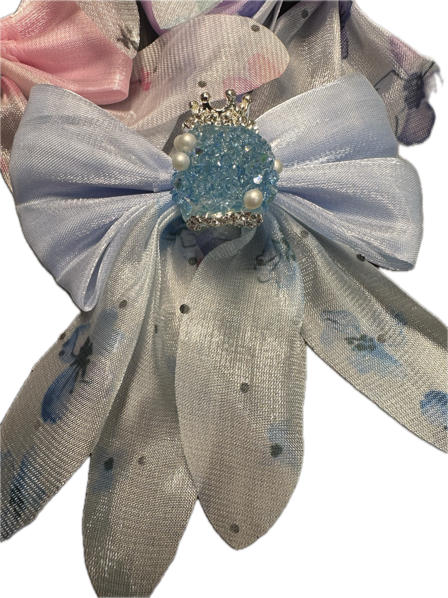 Large fancy rhinestones crown beads with floral satin bow