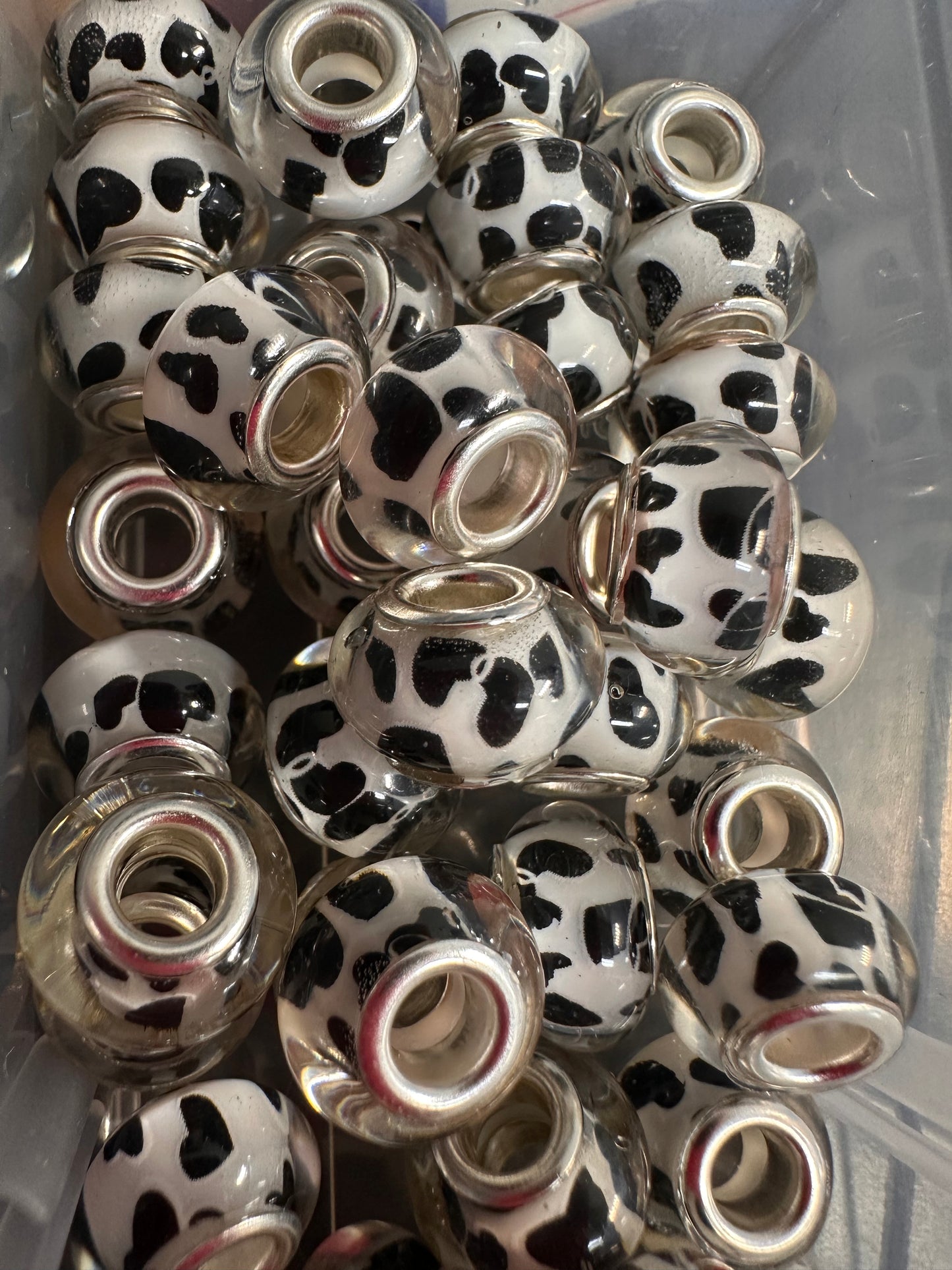 Ten (10) resin black and white cow spots spacers included/ jewelry Bead/ beadable pen beads/ keychain bead/bead/12mm
