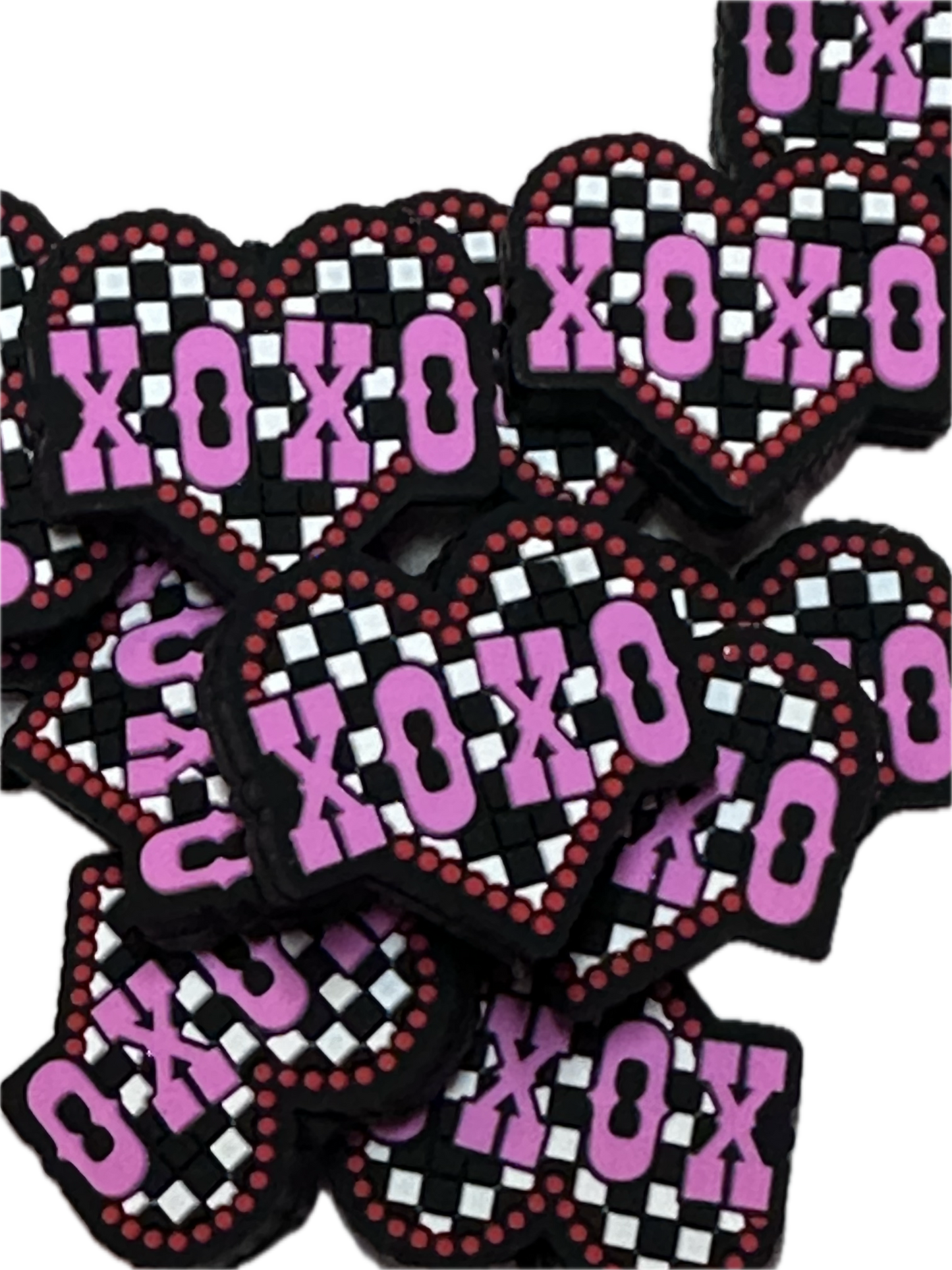 Heart Love XOXO beads/ beadable pen/ Silicone bead/ keychain bead/Valentines Day hearts/ checkered/ racing flag