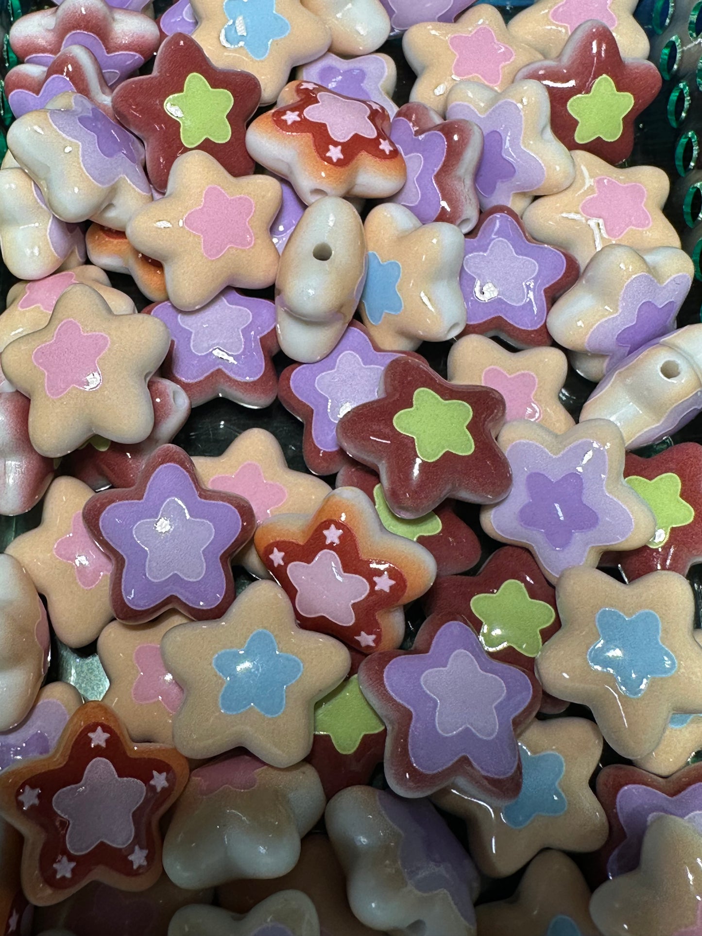 Star shaped painted beads - set of ten (10) / beadable pen/ keychain bead/assorted colors