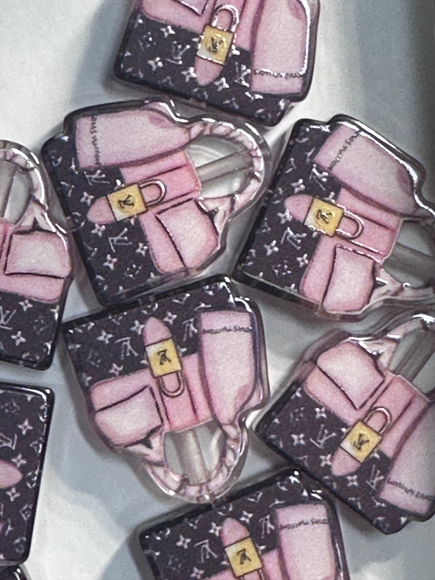 Fancy design Purse Handbag acrylic focal bead- set of 2/ focal bead/pink and brown monogram/ pen beading / keychain bead