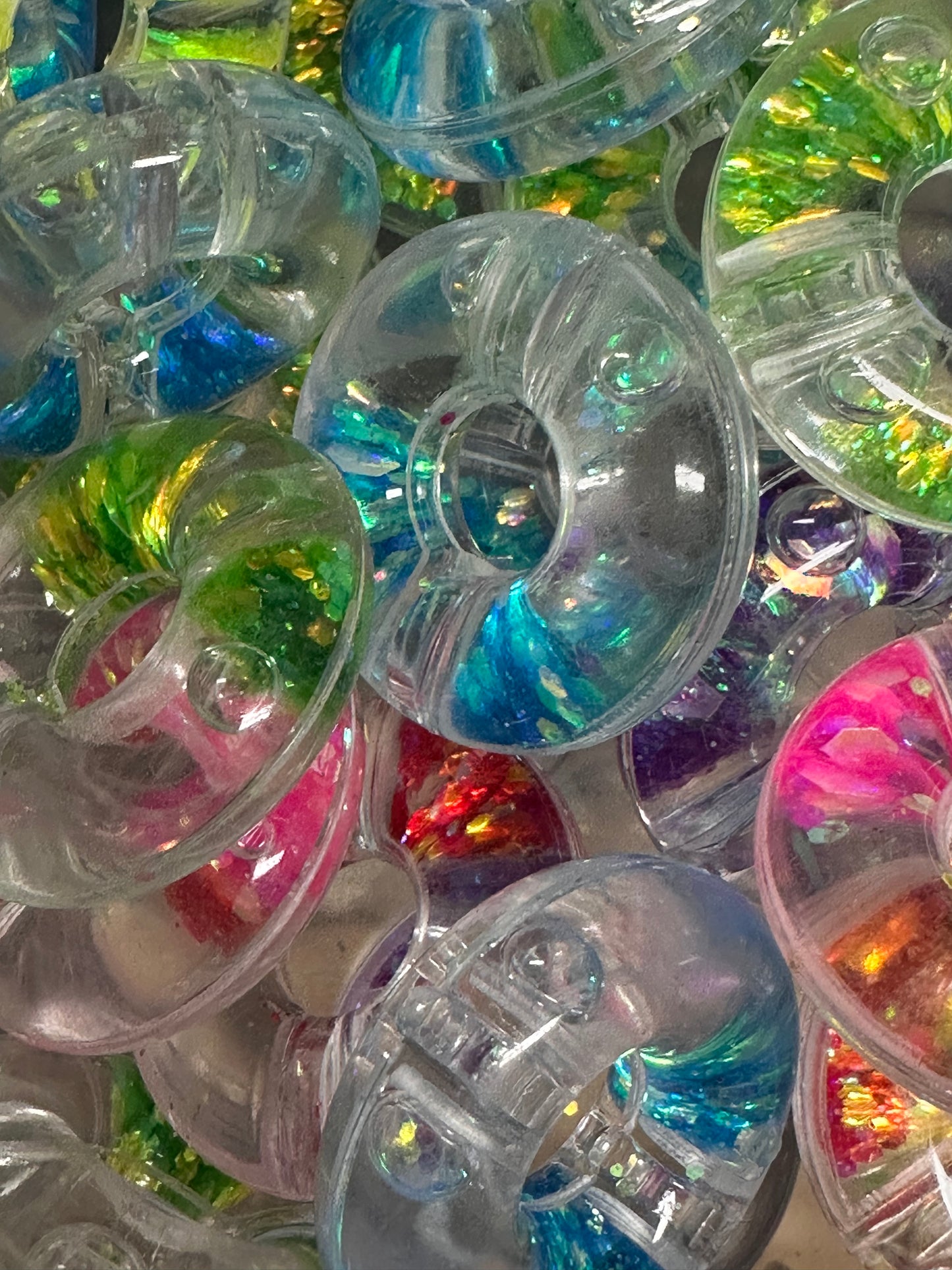 Donut shaped glitter liquid beads/ shaker beads/ snow globe beads/ jewelry Bead/ beadable pen beads/ keychain bead/ DIY/ Three (3) beads included/ 20+mm