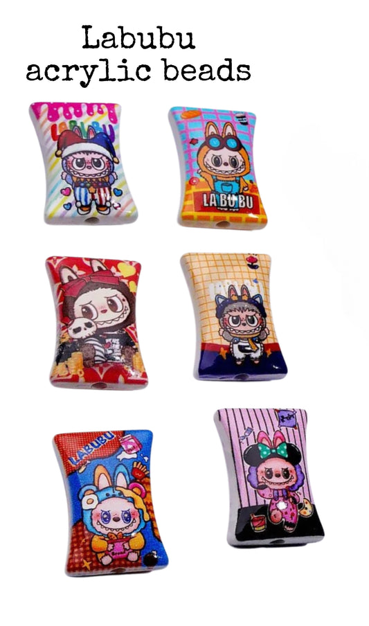 Labubu monster acrylic beads/ Ten (10) beads included assorted styles / rectangle shaped beads/ pen beading beads / keychain beads/ DIY/ 34mm x 25mm