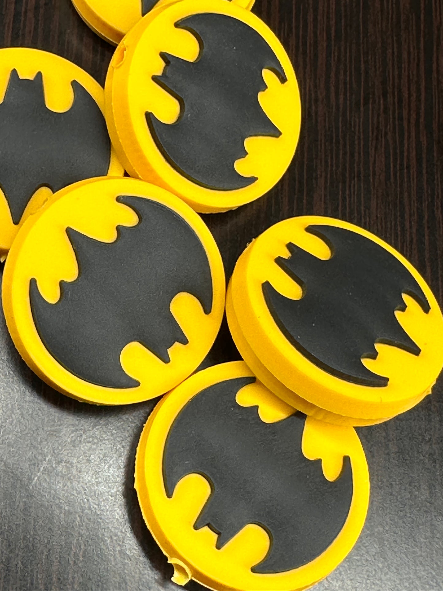25mm Yellow and Black Silicone Bat Symbol Focal Bead – Vertical Hole, Sold Individually