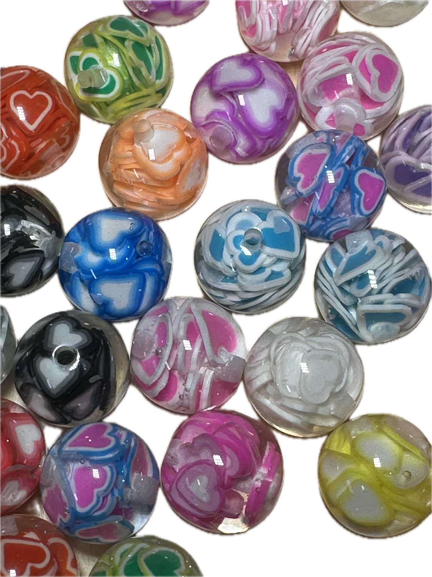 16mm resin beads with assorted color hearts inside/ set of ten (10) 16mm beads/ infused beads/ pen beading beads/ beautiful / keychain beads/ DIY