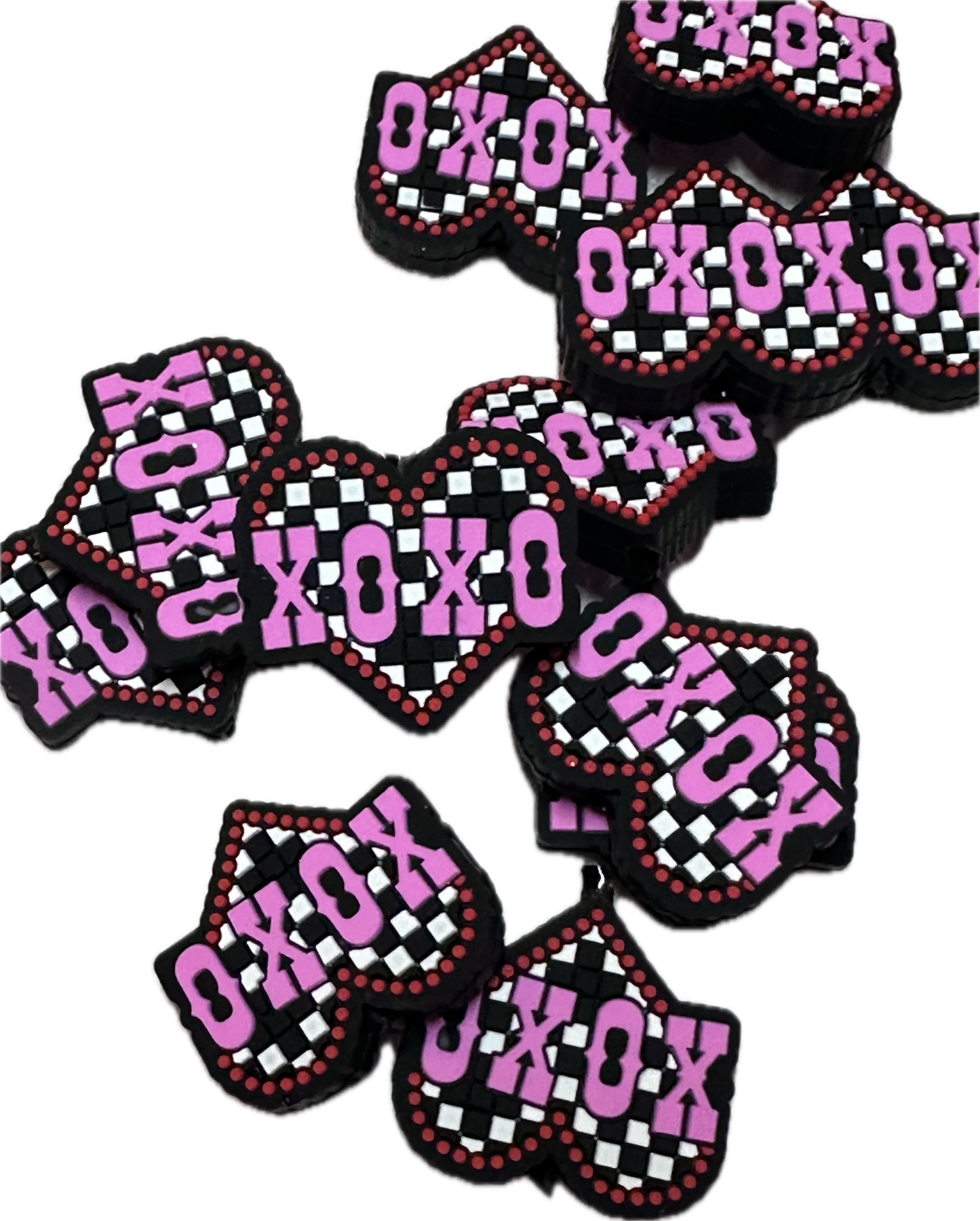 Heart Love XOXO beads/ beadable pen/ Silicone bead/ keychain bead/Valentines Day hearts/ checkered/ racing flag