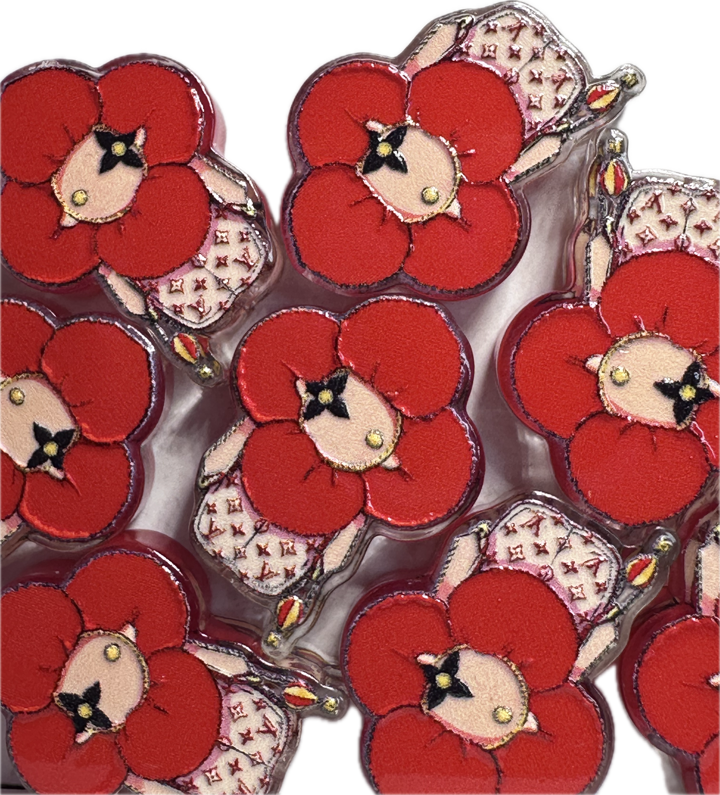 Design Red Flower acrylic focal bead- set of 2/ focal bead/ pen beading / keychain bead/